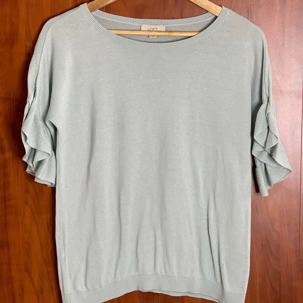 Loft Light Green Ruffle Short Sleeve Knit Top